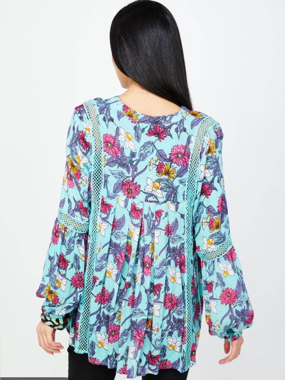 RD Style Mint Floral Lace-Trim Blouse